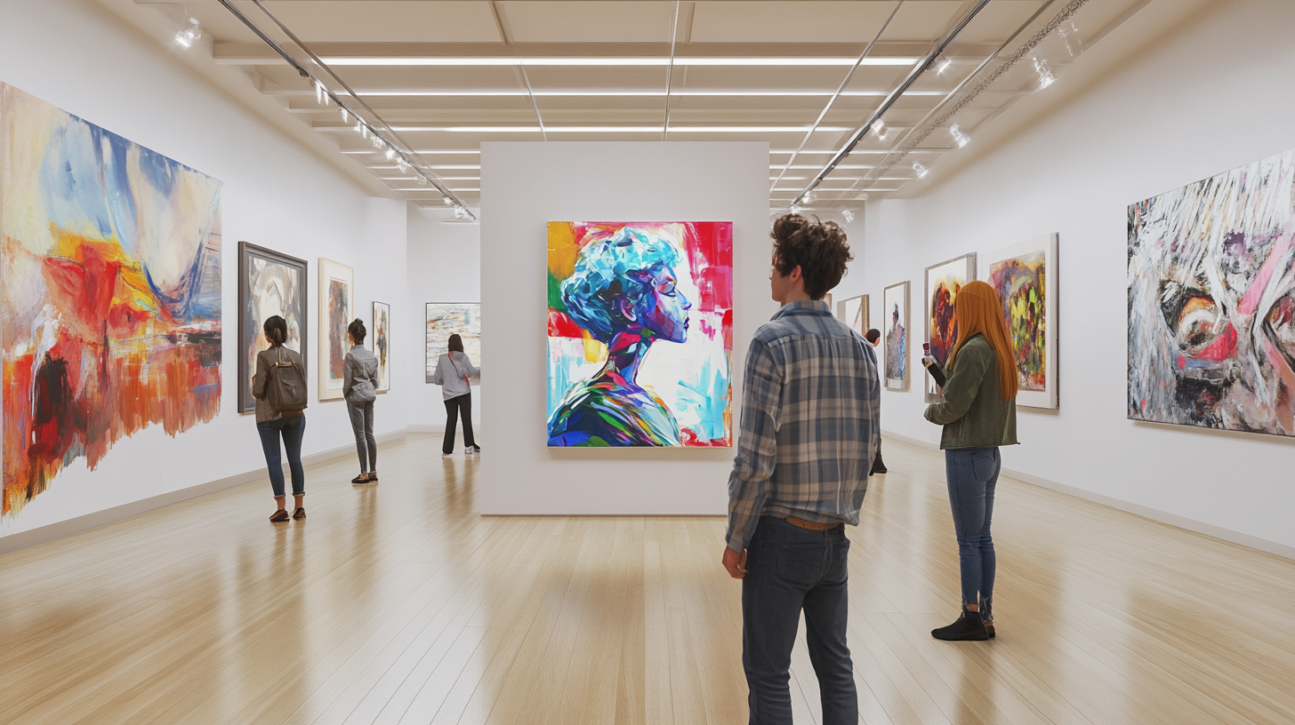 Gallery wall with framed artworks and track lighting